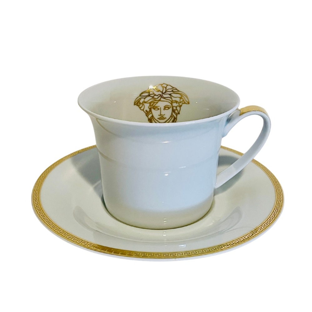Versace x Rosenthal Medallion Meandre D'Or White & Gold Breakfast Cup and Saucer